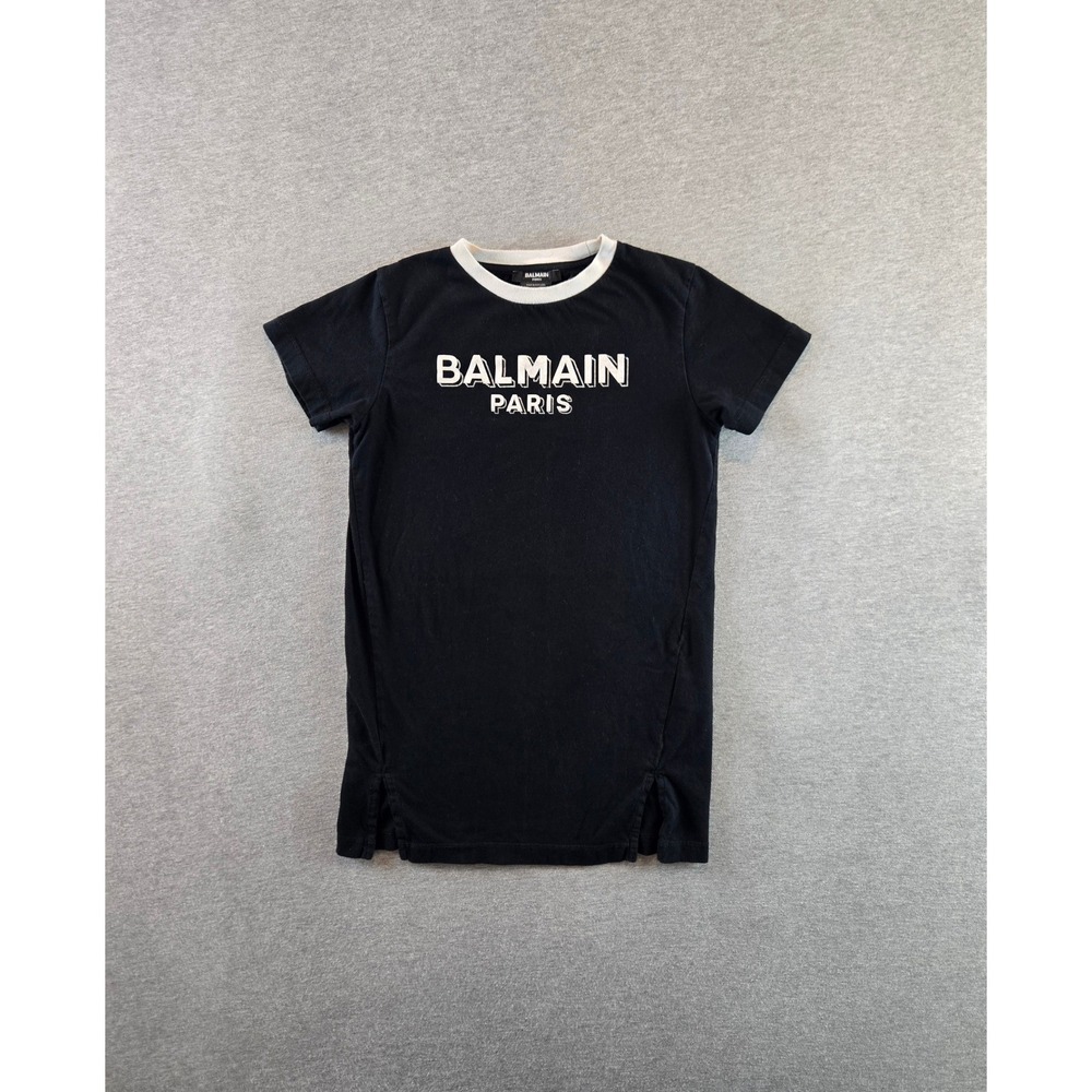 Balmain Jersey Dress Kids 8 Black White Logo Ringer Short Sleeve Side Slits